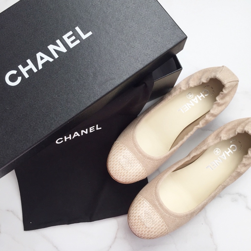 Chanel linen canvas snake captoe ballerina flats